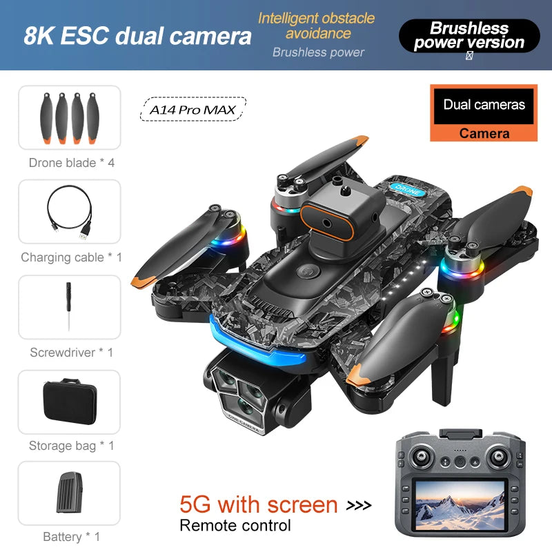 A14Pro Max 8K Drone with GPS & Brushless Motor, Triple Camera EIS, Optical Flow, Obstacle Avoidance, Foldable RC Quadcopter