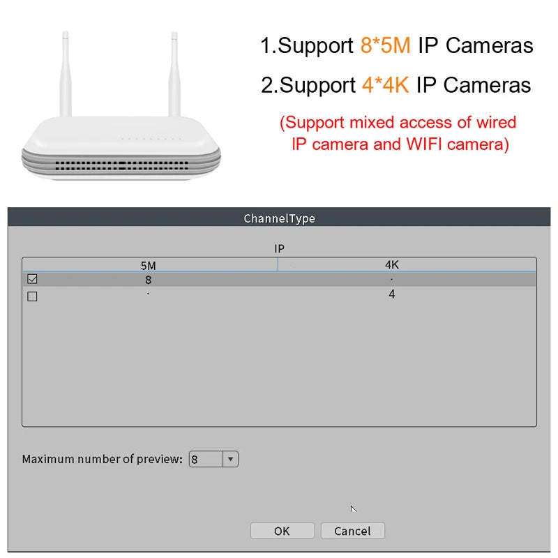 8CH Wifi NVR H.265 Network Video Recorder for 3MP/5MP Wireless System System Support Face Detection TF Card Solt Onvif ICsee APP